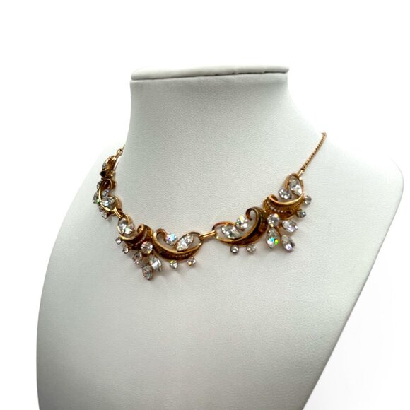 Vintage VAN DELL 12K Gold Plate Crystal Necklace with Filigree Wedding Jewelry - Picture 5 of 11